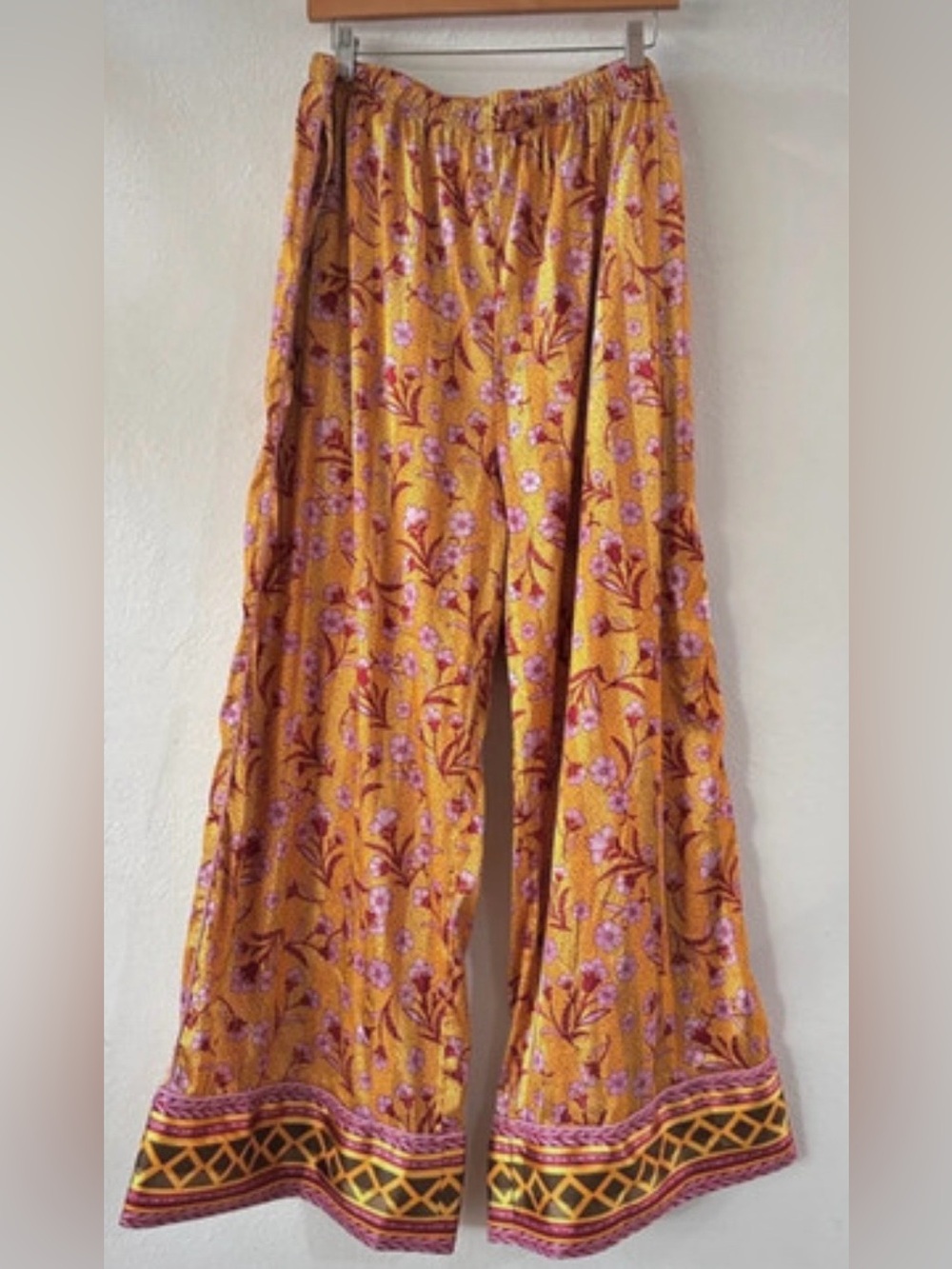 Free People Mustard Yellow Floral Wide Leg Pants Large
